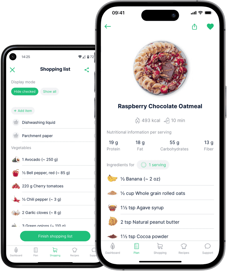 Recipe view und shopping list inside the feastr app